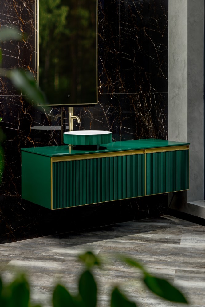 QUATRO 2 140см Тумба ,2 ящика, RAL 6005 FUGA + профиль GOLD + столешница 790-M2-140(100+40)-RAL6005