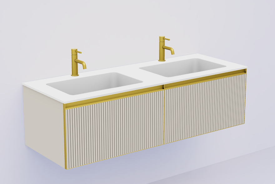 QUATRO 2 140см (70+70) тумба рифл CASHMERE профиль MATT GOLD + внутр. подсв. 790-M2-140(70+70)-R-C-M+L