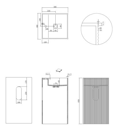 Раковина напольная рифленая с трех сторон Cube Corian 480*480*850 Matt White 802-3R-MW