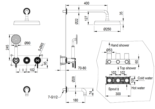 Смеситель встроенный + верхний + ручной душ + излив, ETERNA GOLD 174-2-G