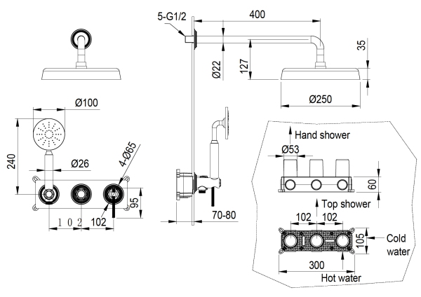 Смеситель встроенный + верхний+ ручной душ, ETERNA GOLD 174-G