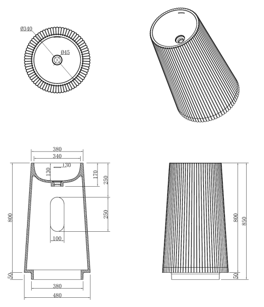 Раковина напольная Torre Corian 480*480*850 801-Torre-MW
