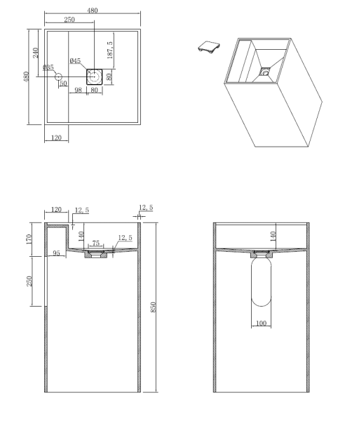 Раковина напольная Cube Corian 480*480*850 Calacatta 802-R-MW